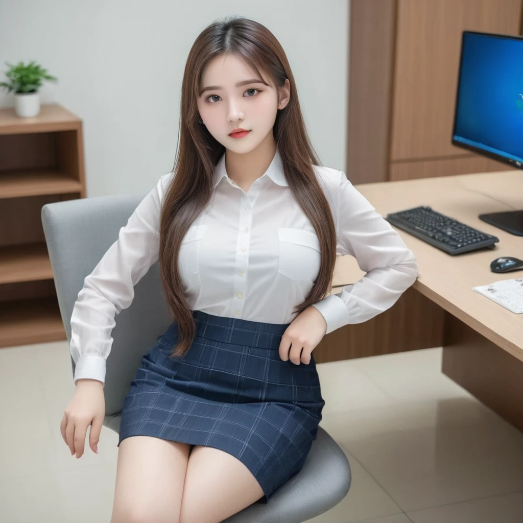 One person,Detailed office,Sitting,Big big breasts,Beautiful attention to detail,shirt,skirt,Long Hair,Delicate hair、sexy、Are fat、Big big ass、PC Monitor、looking at the camera、18-year-old、Gentle expression、Innocent face、