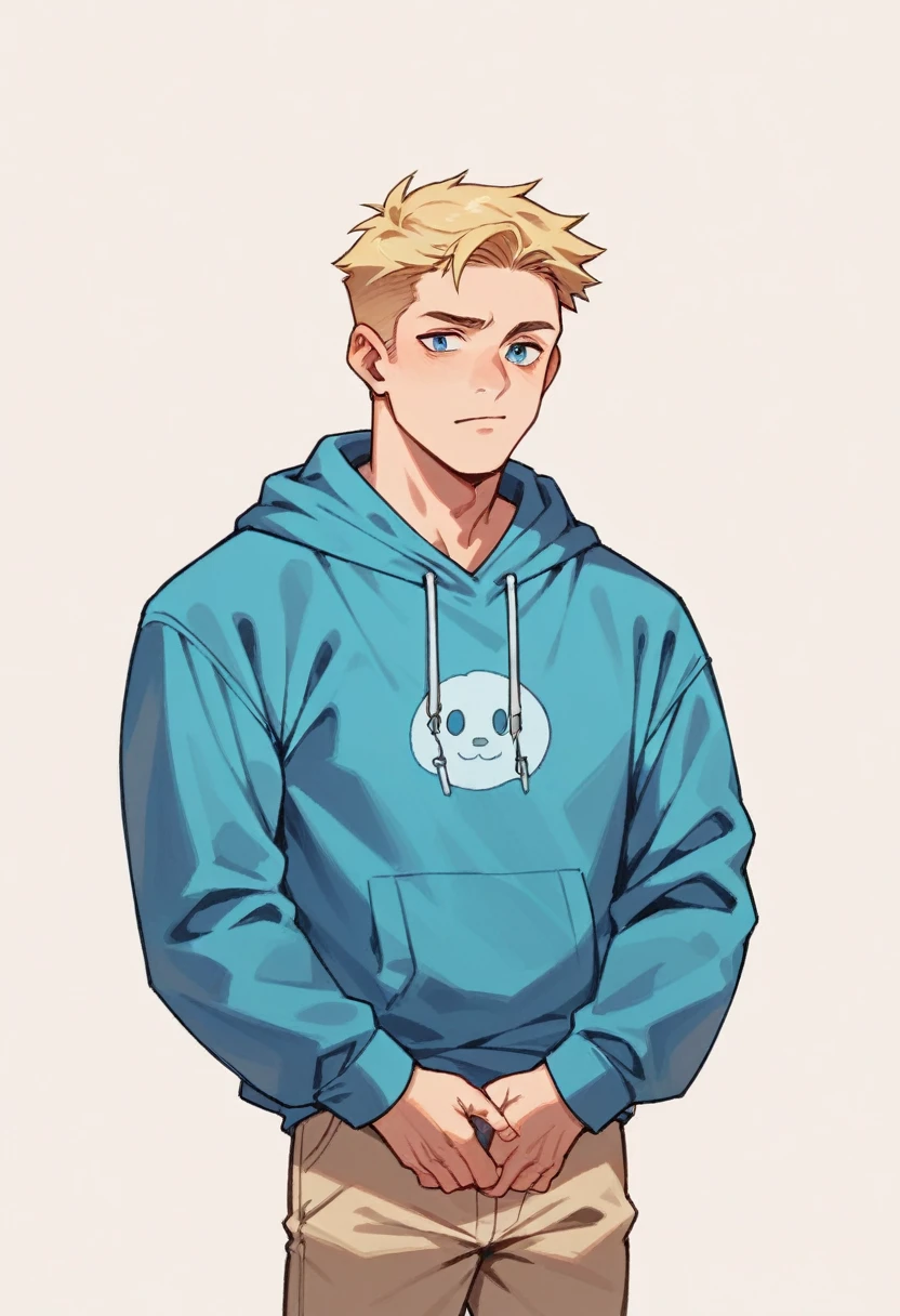 Human Male ,Blonde hair , blue hoodie, 