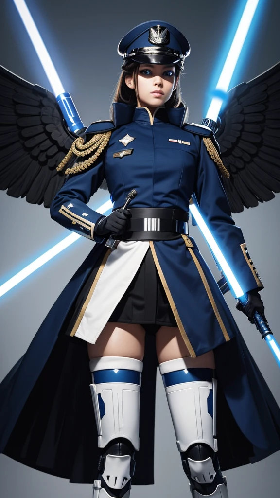 Imperial military with blue and black uniform, two lightsabers and blue wings
