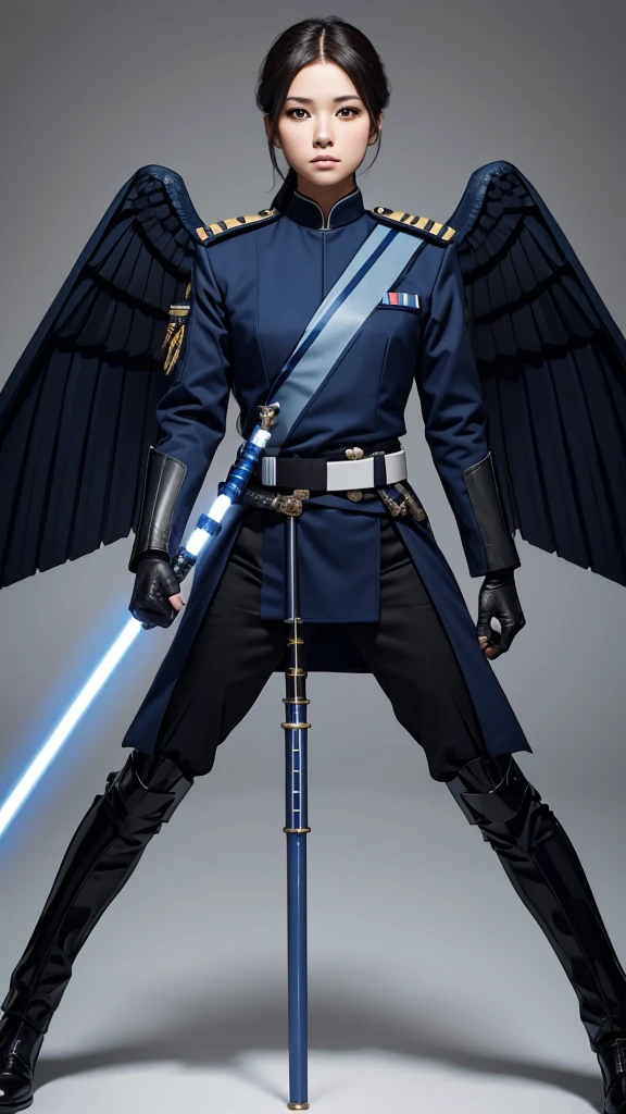 Imperial military with blue and black uniform, two lightsabers and blue wings 