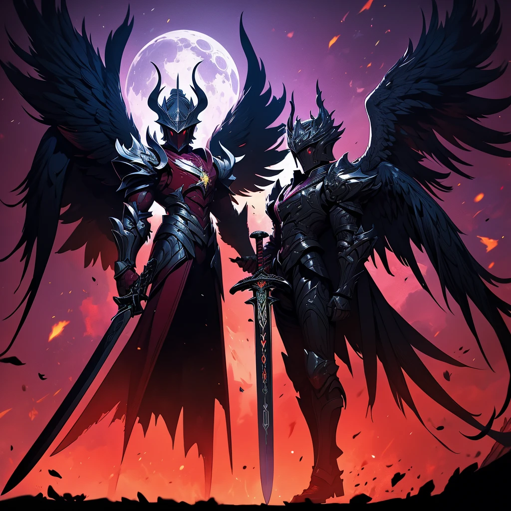 argus, red wings with black, fire wings, black armor with red edges, sword mitica, scene in crimson forest, escenario luna de blood, fire in the face, aurora of fire, purple background, fire in the wings, blood, luna de blood, blood en las alas, ultra hd, high quality, maximum quality, Fallen Angel, argus, full body, red armor, black background, escenario luna de blood, black wings, black edges, absurd resolution, High resolution, (masterpiece), alas de blood, fire wings, Fire ring, dark dawn, red aura, sword, sword maestra, mythic sword, carmesi moon background, purple background, 2 men, (((masterpiece))) 