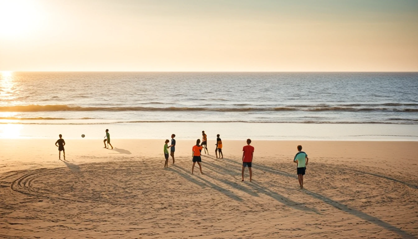 a group of people standing on top of a sandy beach, shutterstock, playing soccer at the beach, warm glow, ager hangout spot, connection rituals