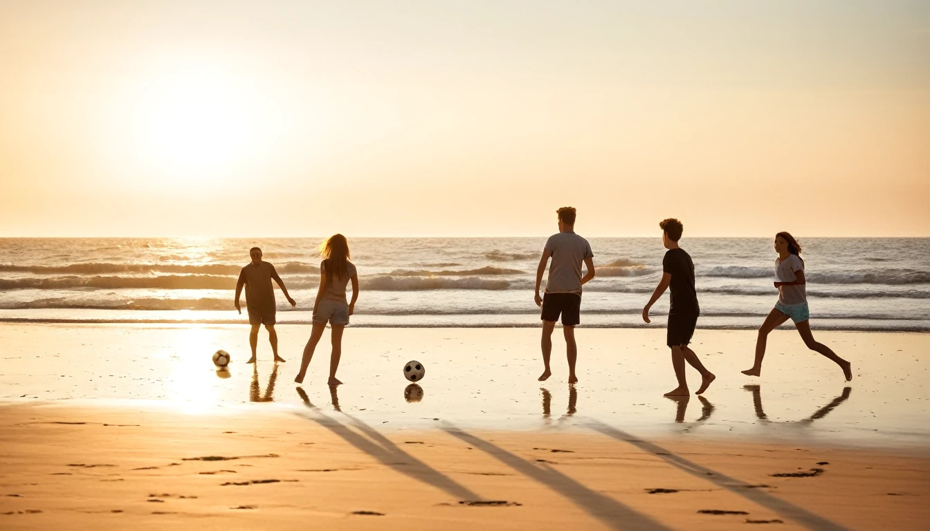 a group of people standing on top of a sandy beach, shutterstock, playing soccer at the beach, warm glow, teenager hangout spot, connection rituals