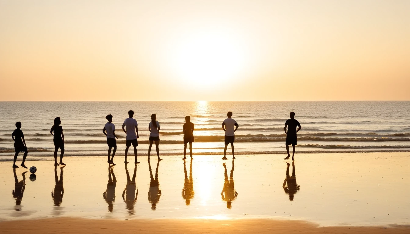 a group of people standing on top of a sandy beach, shutterstock, playing soccer at the beach, warm glow, teenager hangout spot, connection rituals