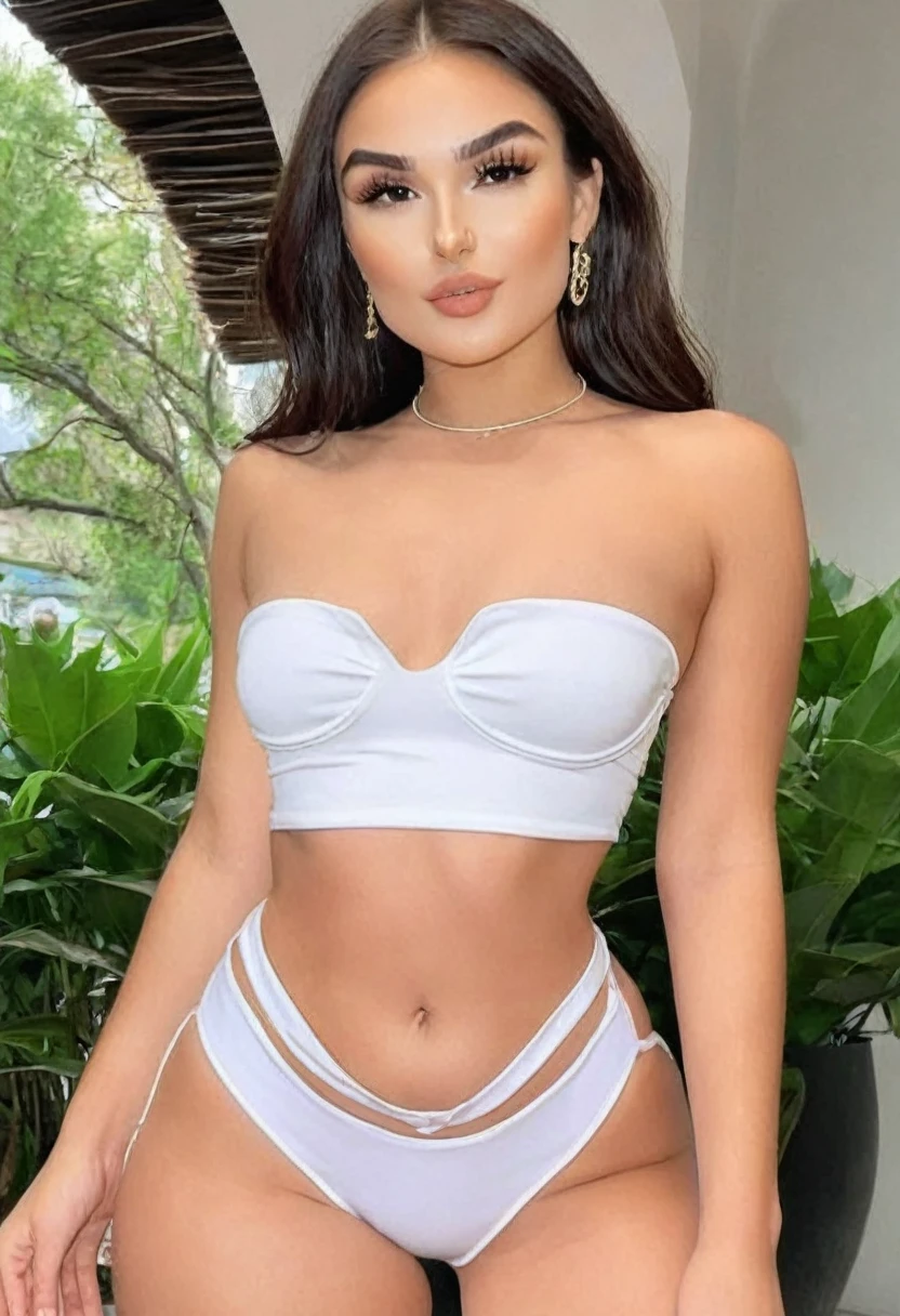 ((Best high quality:1.2)), work of art, (8k), extremely detailed, ((High detail:1.2)), (HotLexi woman), Solo, 24 years old female, (cropped strapless, mini-shorts), (((hourglass hot perfect model body))), ((defined jawline, arched eyebrows, hunter eyes, perfect mouth, thin and upturned nose, thick and voluminous eyelashes)),