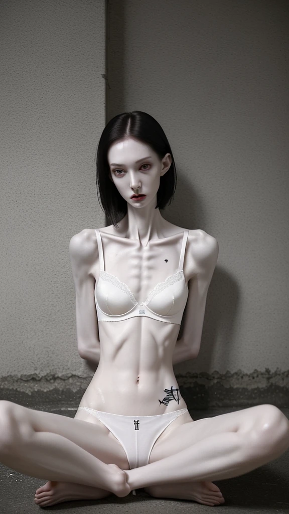 a woman, very thin body, body visible bones, very slender, pale white skin, panties, bra,tatto, full body, has a mental breakdown in an underground prison , sweaty weat body , sitting