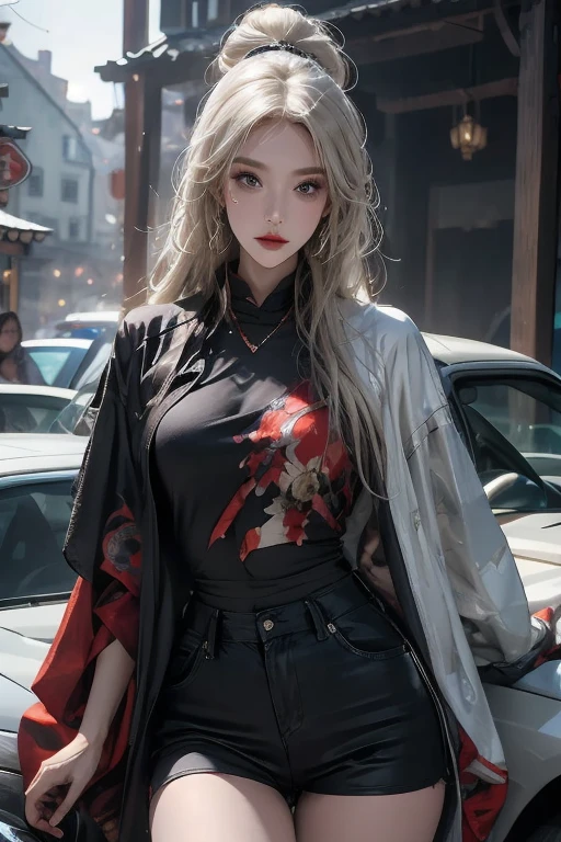 realistic, high resolution, 8K, 1 woman, alone, hips up, Look at the viewer., (detailed face), blonde hair, high ponytail, Taoist cloak,Large clothing, decorations, Picture in the middle of the trip