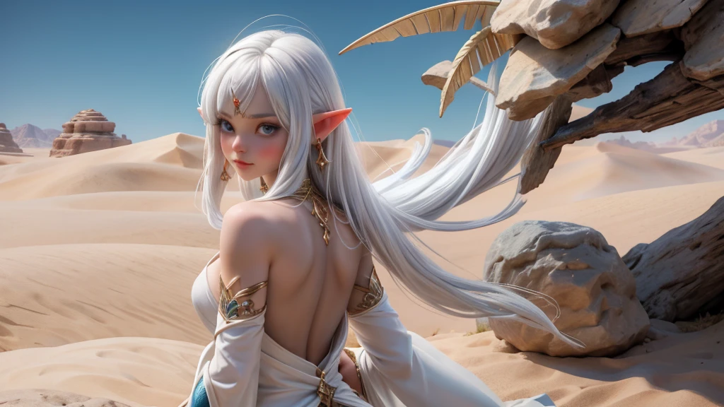 Ariel, Upper body portrait, elf, White hair, Beautiful, cute arab clothes, warrior, life, correspond, White hair, cowboy shot, back view, looking back, Desert background, realistic fantasy ,conceptual art