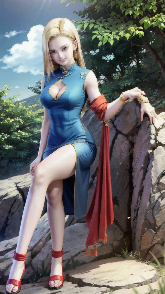 android 18,blonde hair,(((long hair))),blue eyes,(long slit red sexy cheongsam), (Red),looking at the audience,face smile,close-up,river,rock,tree,blue sky,high quality,masterpiece,sexy body, sexy Red Dress, red,perfect big breasts, Hyperrealistic intricate detail, Cinematic, 8K resolution, 70mm, Accent Lighting, Global Illumination, Full body portrait, clean detailed faces,