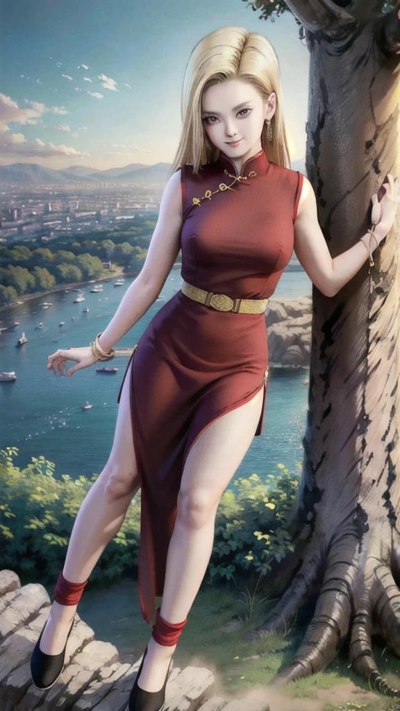 android 18,blonde hair,(((long hair))),blue eyes,(long slit red sexy cheongsam), (Red),looking at the audience,face smile,close-up,river,rock,tree,blue sky,high quality,masterpiece,sexy body, sexy Red Dress, red,perfect big breasts, Hyperrealistic intricate detail, Cinematic, 8K resolution, 70mm, Accent Lighting, Global Illumination, Full body portrait, clean detailed faces,
