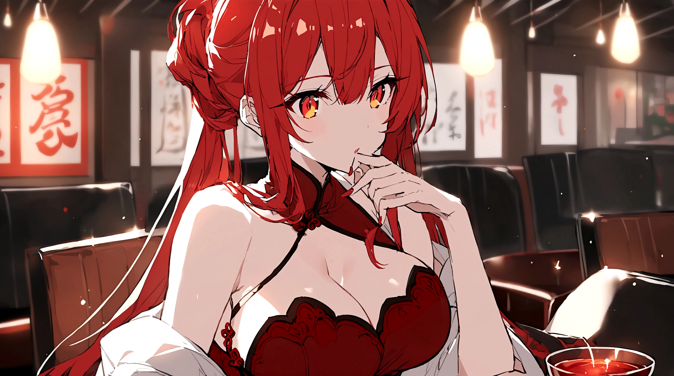 A character with big breasts wearing Chinese outfit. she has long red hair. She has RED AND GOLDEN eyes.
