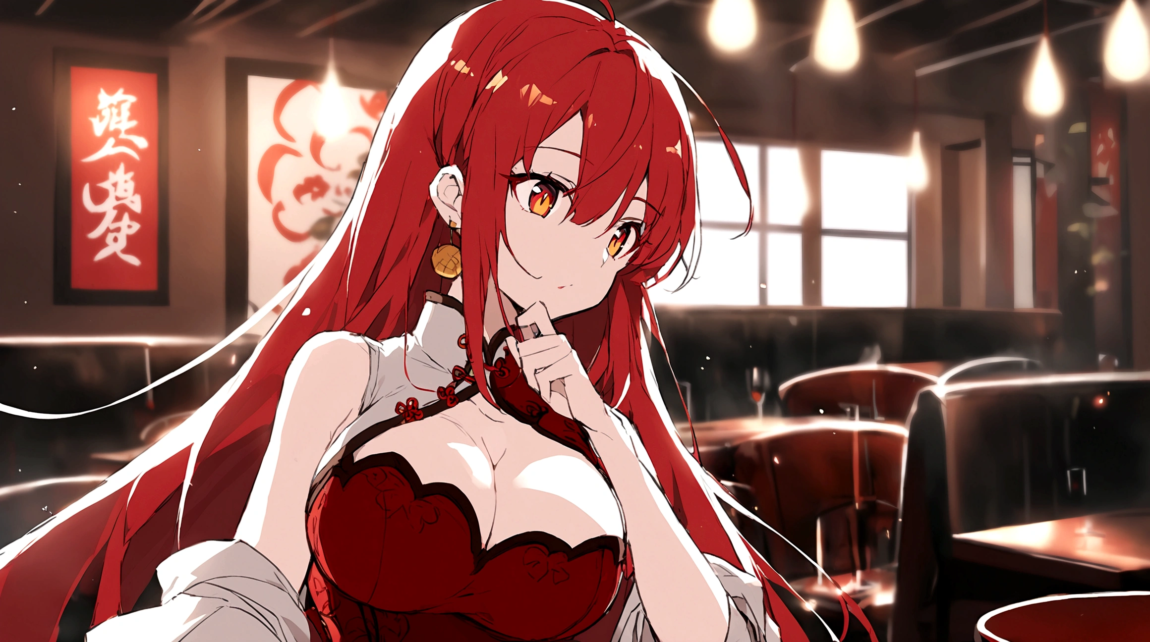 A character with big breasts wearing Chinese outfit. she has long red hair. She has RED AND GOLDEN eyes.
