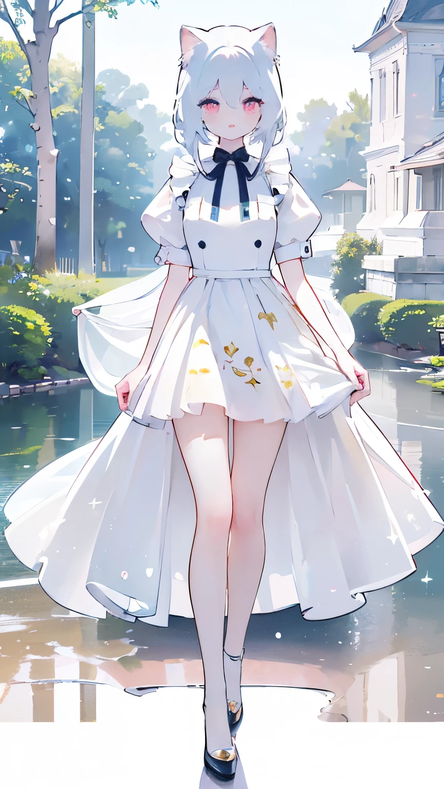 Tsundere 18 year old girl, beautiful and delicate eyes, beautiful lips, very detailed 눈과 얼굴, long eyelashes, 1girl, white cat ears, foot long bag, Front view, Red-eye, (top quality, 4K, 8K, high resolution, masterpiece:1.2), very detailed, (realistic인, realistic인, realistic인, realistic인, realistic: 1.37), very large breasts, elegant, fantasy, white background,maid uniform, I can see my armpits