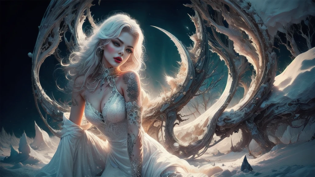 White forest background, Polar Lights, Erotic pose, white hair pores, , big eyes, The body is covered in a tattoo, Red lips, Erotic, dark light,, White dress