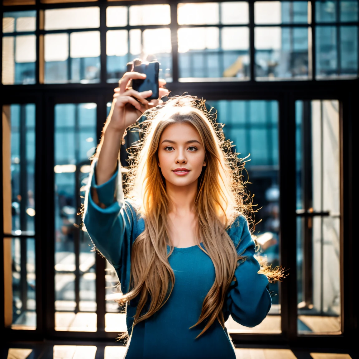 (masterpiece, best quality:1.2), 1 Girl, Solitary，Long blond hair，Wave Curls，Standing on the street，Facing the floor-to-ceiling glass，Selfie