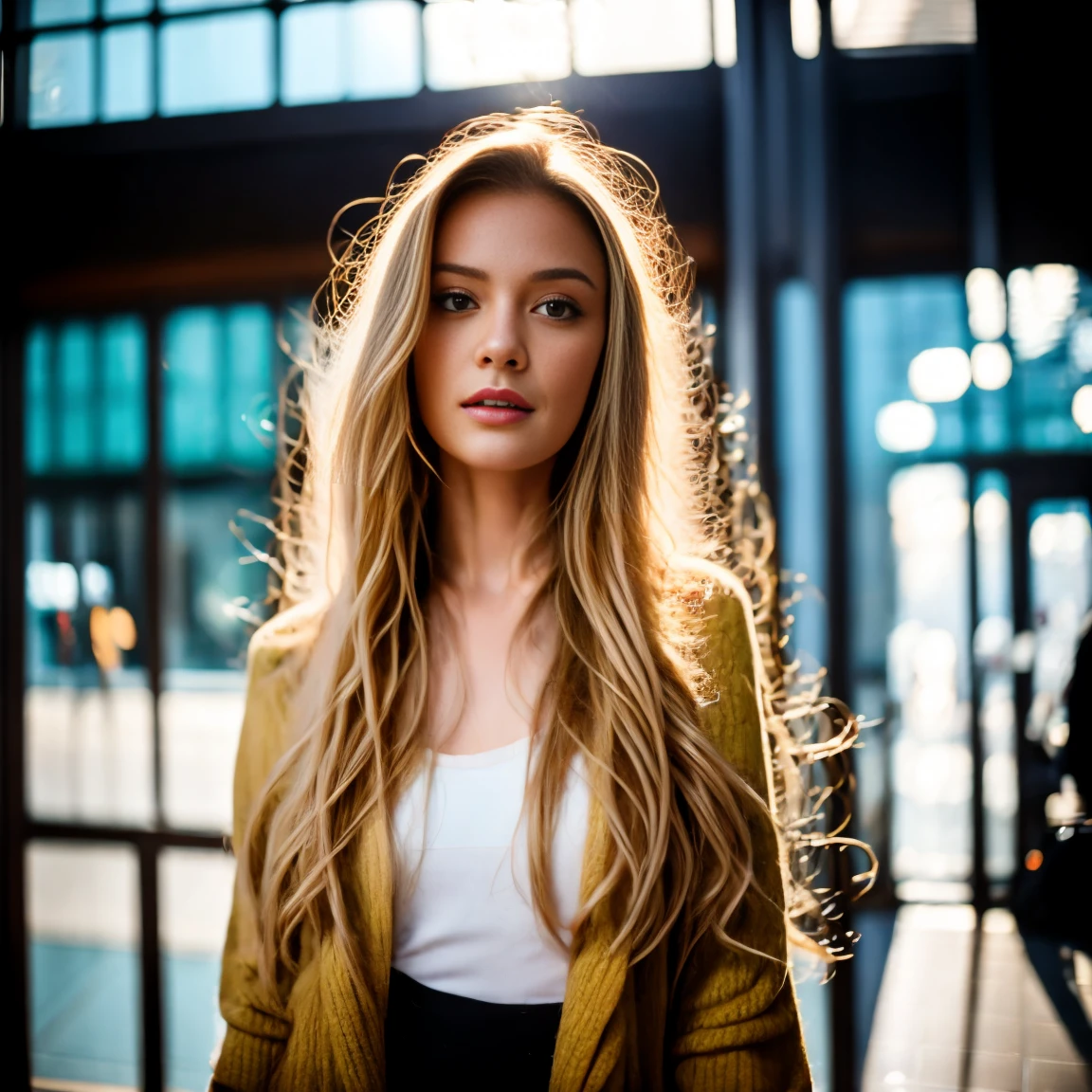 (masterpiece, best quality:1.2), 1 Girl, Solitary，Long blond hair，Wave Curls，Standing on the street，Facing the floor-to-ceiling glass，Selfie