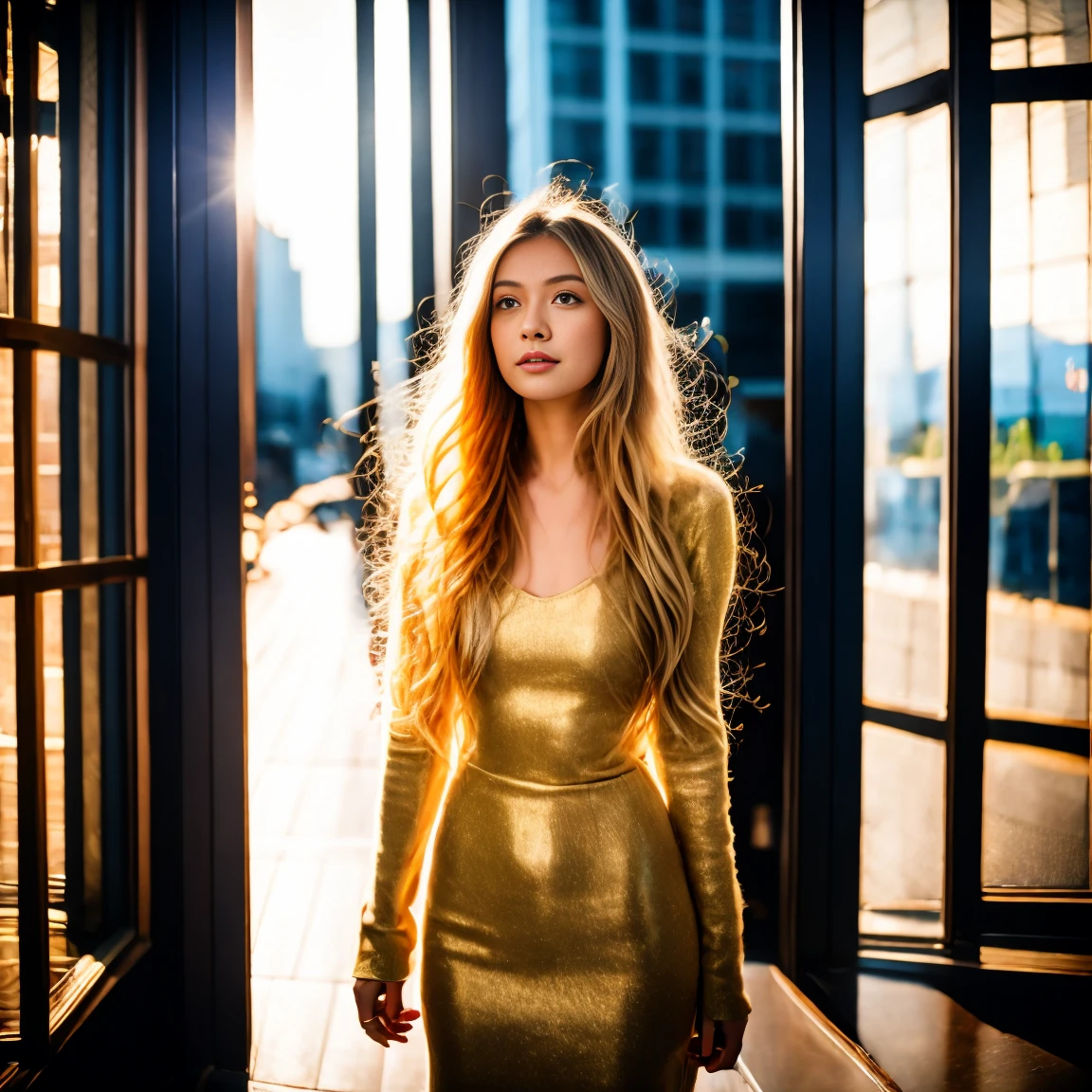 (masterpiece, best quality:1.2), 1 Girl, Solitary，Long blond hair，Wave Curls，Standing on the street，Facing the floor-to-ceiling glass，Selfie