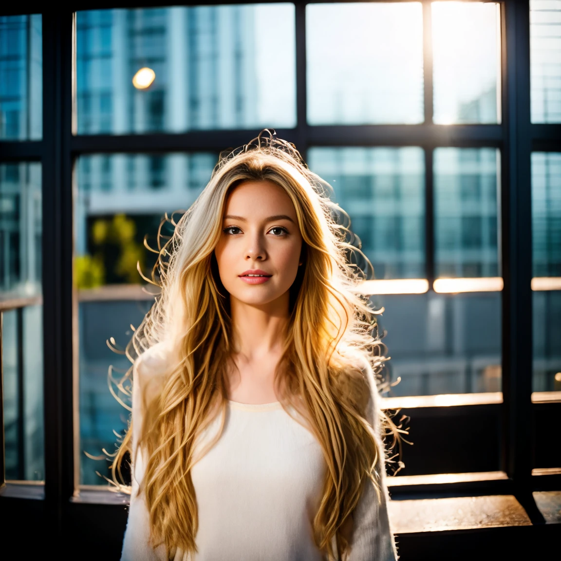 (masterpiece, best quality:1.2), 1 Girl, Solitary，Long blond hair，Wave Curls，Standing on the street，Facing the floor-to-ceiling glass，Selfie