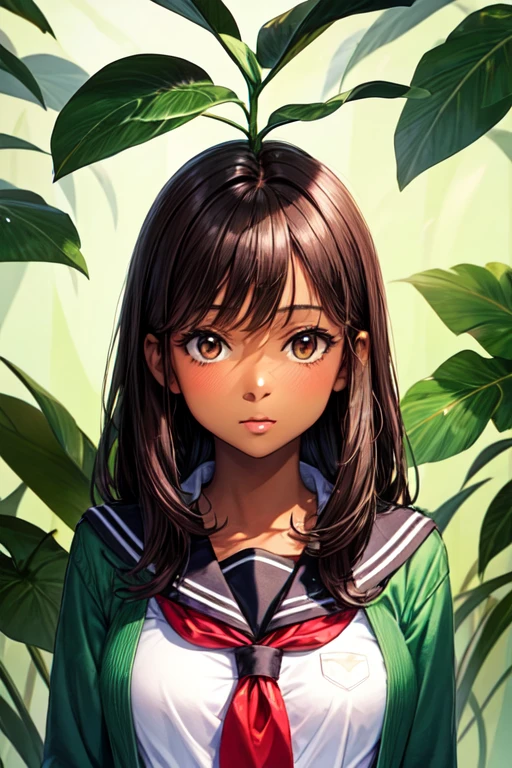 30 year old brunette girl with dark skin , Brown eyes, with school clothes, with a green background and plant powers