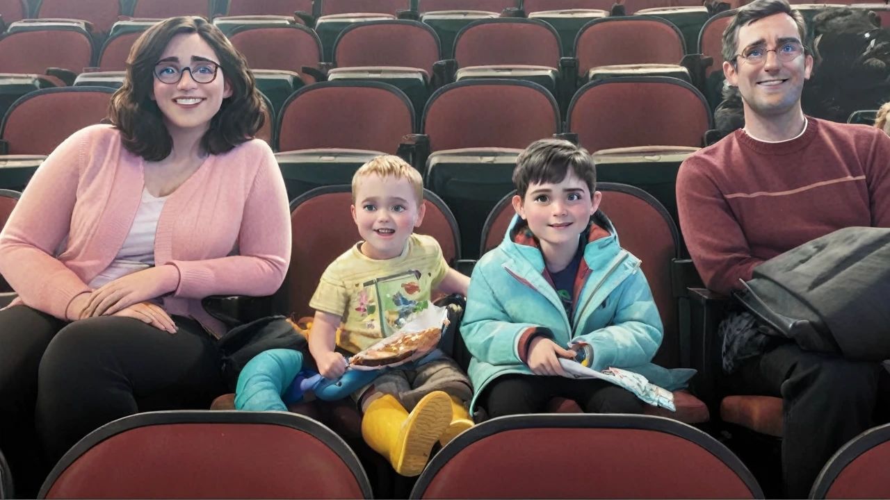 masterpiece, best quality, (extremely detailed CG unity 8k wallpaper), (best quality), (best illustration), (best shadow),A couple with two kids sitting in stadium, high quality photo, group photo, group portrait, commissioned, 8k quality, photo realistic in disney pixar style. high quality, 8k, master piece, 3d disney, disney pixar