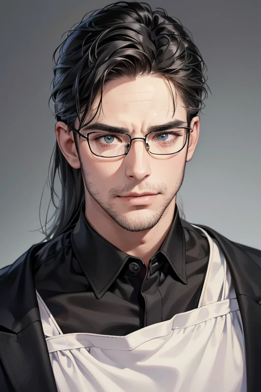 (Best quality,4K,8K,a high resolution,masterpiece:1.2),ultra detailed,(realistic,photorealistic,photo-realistic:1.37),39 year old man,3 day beard,Beautiful anime,portraits,strong,masculine,dark hair,Sharp jawline,Mesmerizing eyes,Perfectly styled hair,cool anime outfit,confident expression,bright colors,dynamic lighting, grey eyes, (black shirt, glasses on face)