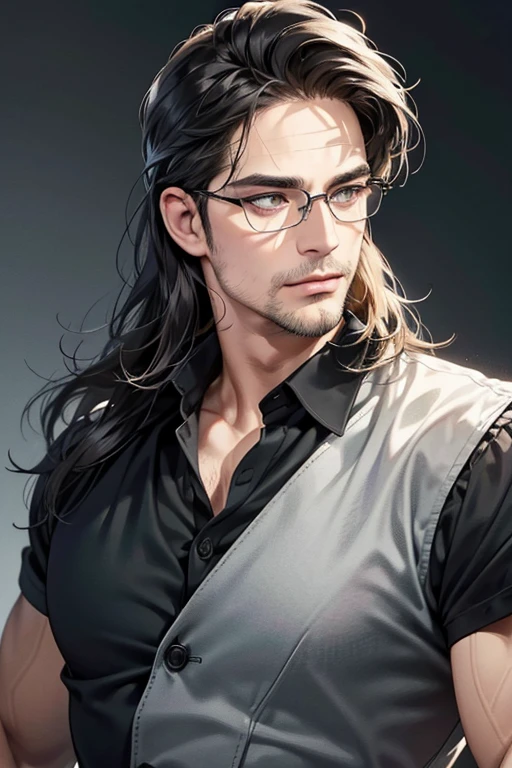 (Best quality,4K,8K,a high resolution,masterpiece:1.2),ultra detailed,(realistic,photorealistic,photo-realistic:1.37),39 year old man,3 day beard,Beautiful anime,portraits,strong,masculine,dark hair,Sharp jawline,Mesmerizing eyes,Perfectly styled hair,cool anime outfit,confident expression,bright colors,dynamic lighting, grey eyes, (black shirt, glasses on face)