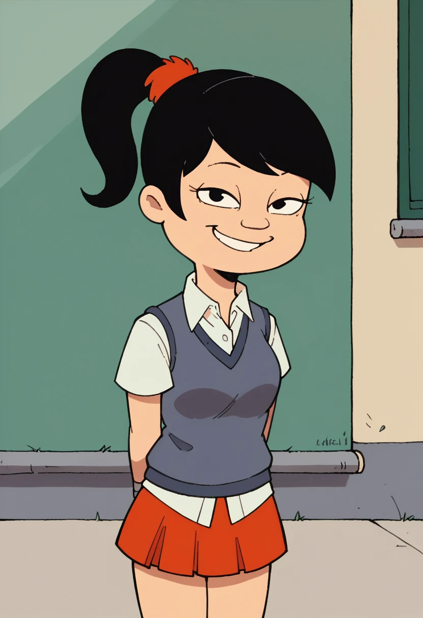 akiko, 1girl, black hair, solo, ponytail, sweater vest, school_uniform, orange skirt,smile, score_9, score_8_up, score_7_up, score_6_up, score_5_up, score_4_up, looking at viewer, cowboy shot,arms behind back,