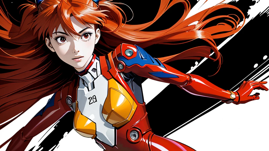 (Best quality, masterpiece, Colorful, dynamic angle, highest detailed)(asuka langley), upper body photo, fashion photo of a cute redhead girl with long hair (asuka langley), dressing high detailed Evangelion red suit (high resolution textures), in a dynamic pose, hips, (complex parts, hyperdetailed:1.15), detailed, Sunlight passes through hair, monochrome splash art background(high contrast, official art, extreme detailed, highest detailed),