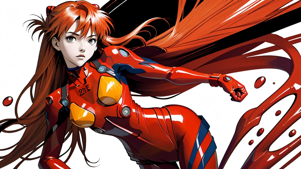 (Best quality, masterpiece, Colorful, dynamic angle, highest detailed)(asuka langley), upper body photo, fashion photo of a cute redhead girl with long hair (asuka langley), dressing high detailed Evangelion red suit (high resolution textures), in a dynamic pose, hips, (complex parts, hyperdetailed:1.15), detailed, Sunlight passes through hair, monochrome splash art background(high contrast, official art, extreme detailed, highest detailed),