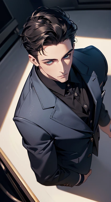 (best quality, masterpiece, 8K, photorealistic, cinematic lighting, 1:4 hdr image, top view, ultra detailed, beautiful image), a mature man, very handsome, short black hair, blue eyes, perfect face without errors , ((buttoning his jacket, CEO))