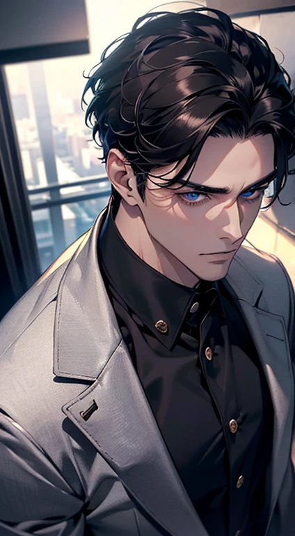 (best quality, masterpiece, 8K, photorealistic, cinematic lighting, 1:4 hdr image, top view, ultra detailed, beautiful image), a mature man, very handsome, short black hair, blue eyes, perfect face without errors , ((buttoning his jacket, CEO))