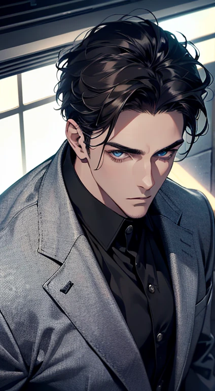 (best quality, masterpiece, 8K, photorealistic, cinematic lighting, 1:4 hdr image, top view, ultra detailed, beautiful image), a mature man, very handsome, short black hair, blue eyes, perfect face without errors , ((buttoning his jacket, CEO))