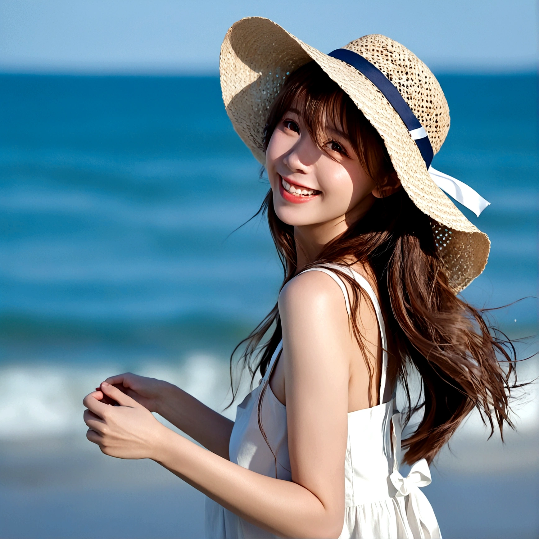 1girl, solo, long hair, breasts, looking at viewer, smile, open mouth, bangs, brown hair, hat, dress, ribbon, holding, bare shoulders, brown eyes, :d, outdoors, teeth, sleeveless, day, looking back, white dress, blurry, from side, looking to the side, bare arms, floating hair, sleeveless dress, blurry background, ocean, upper teeth only, wind, headwear removed, sun hat, hat removed, straw hat, holding clothes, sundress, holding hat