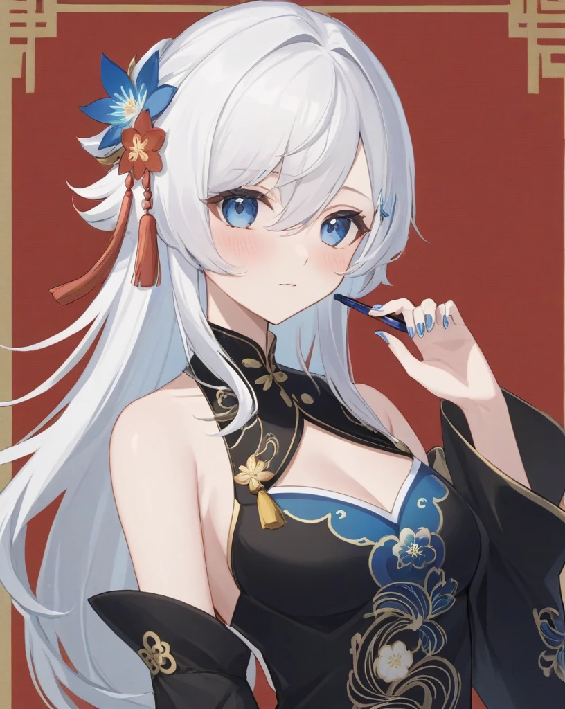 masterpiece,best quality,girl,shenhe_\(genshin_impact\),long_hair,hair_ornament,solo,breasts,looking_at_viewer,detached_sleeves,blush,tassel,dress,hair_over_one_eye,blue_nails,chinese_clothes,bangs,black_dress,border,upper_body,blue_eyes,eyes_visible_through_hair,bare_shoulders,nail_polish,closed_mouth,medium_breasts,flower,china_dress,white_hair,alternate_costume,