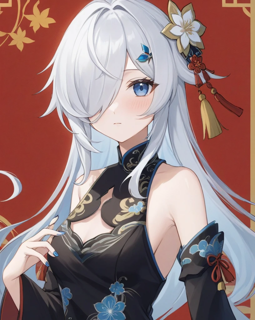masterpiece,best quality,girl,shenhe_\(genshin_impact\),long_hair,hair_ornament,solo,breasts,looking_at_viewer,detached_sleeves,blush,tassel,dress,hair_over_one_eye,blue_nails,chinese_clothes,bangs,black_dress,border,upper_body,blue_eyes,eyes_visible_through_hair,bare_shoulders,nail_polish,closed_mouth,medium_breasts,flower,china_dress,white_hair,alternate_costume,