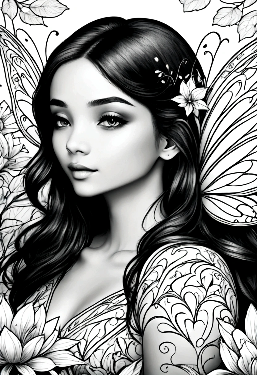 (A black and white coloring book:1.5), A fairy painting flowers with vibrant colors in an enchanted garden, clean line art, white background, colouring page, clean outline