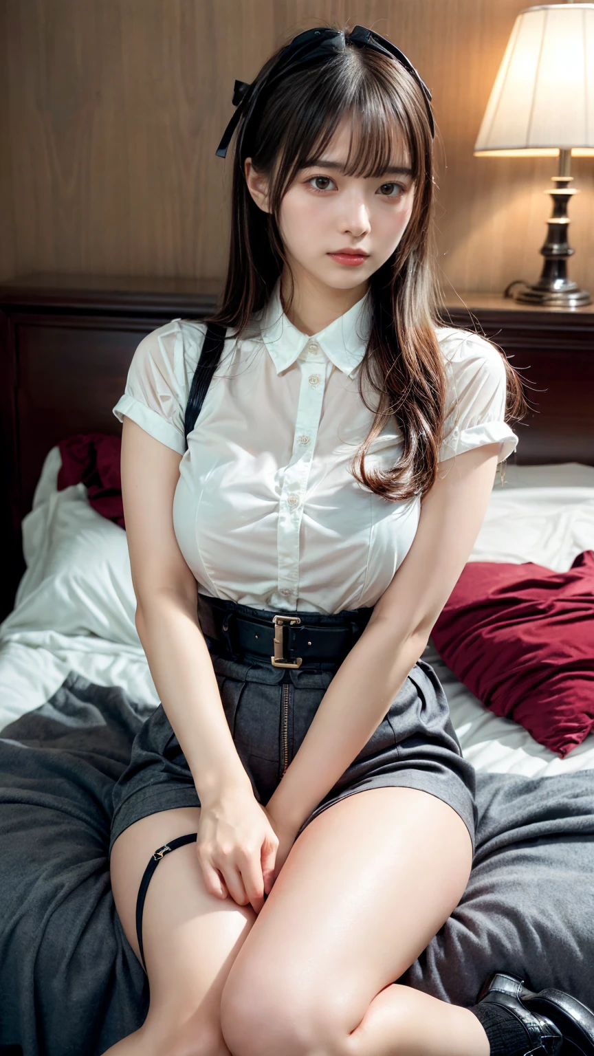((nsfw)), (masterpiece), (realistic), (Highly detailed 8k), strong photo studio lighting, in the night, sitting on the bed, total body, a 20 years old gravure girl, twin braids hair, light brown hair, brown eyes, slender, slender arms, big breasts, BREAK (white and gray theme:1.3), (wearing a white collared-shirt:1.4), BREAK (tight dark navy pencil skirt:1.5), (black pantyhose:1.3), opened legs, no bra, no pan, pubic hair, pointy breasts, erected nipples, sow off nipples under white shirt, ((masturbation)),