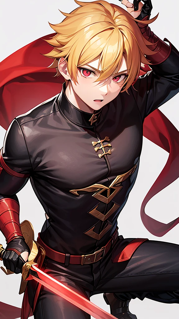 A 17-year-old boy with blonde hair with a red streak , Crimson eyes , with a swordsman's jacket , with his sword and crimson magic ...with a red background Accompanied by An 18-year-old boy with white hair with light blue tones , blue eyes , black swordsman jacket with silver tones , with his sword and celestial magic ....with light blue background