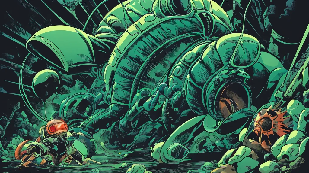 A pulsating, slimy ovomorph rips open, revealing an agile, deadly Facehugger,retro comic stile artwork