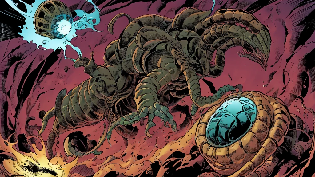 A pulsating, slimy ovomorph rips open, revealing an agile, deadly Facehugger,retro comic stile artwork
