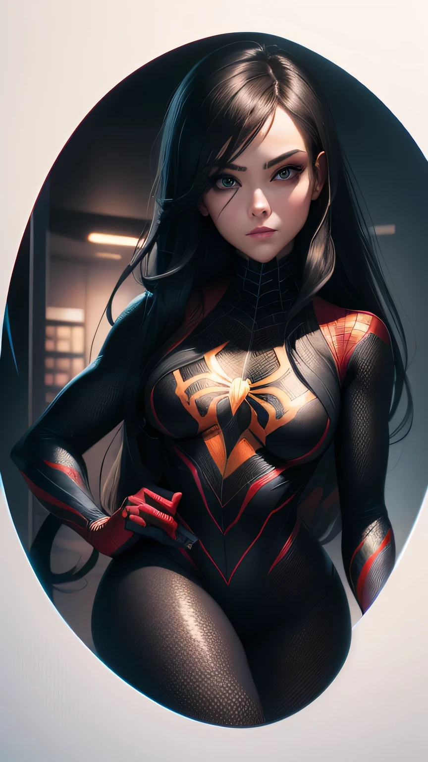 spider-woman, black suit, beautiful eyes, half body, masterpiece, ultra high details