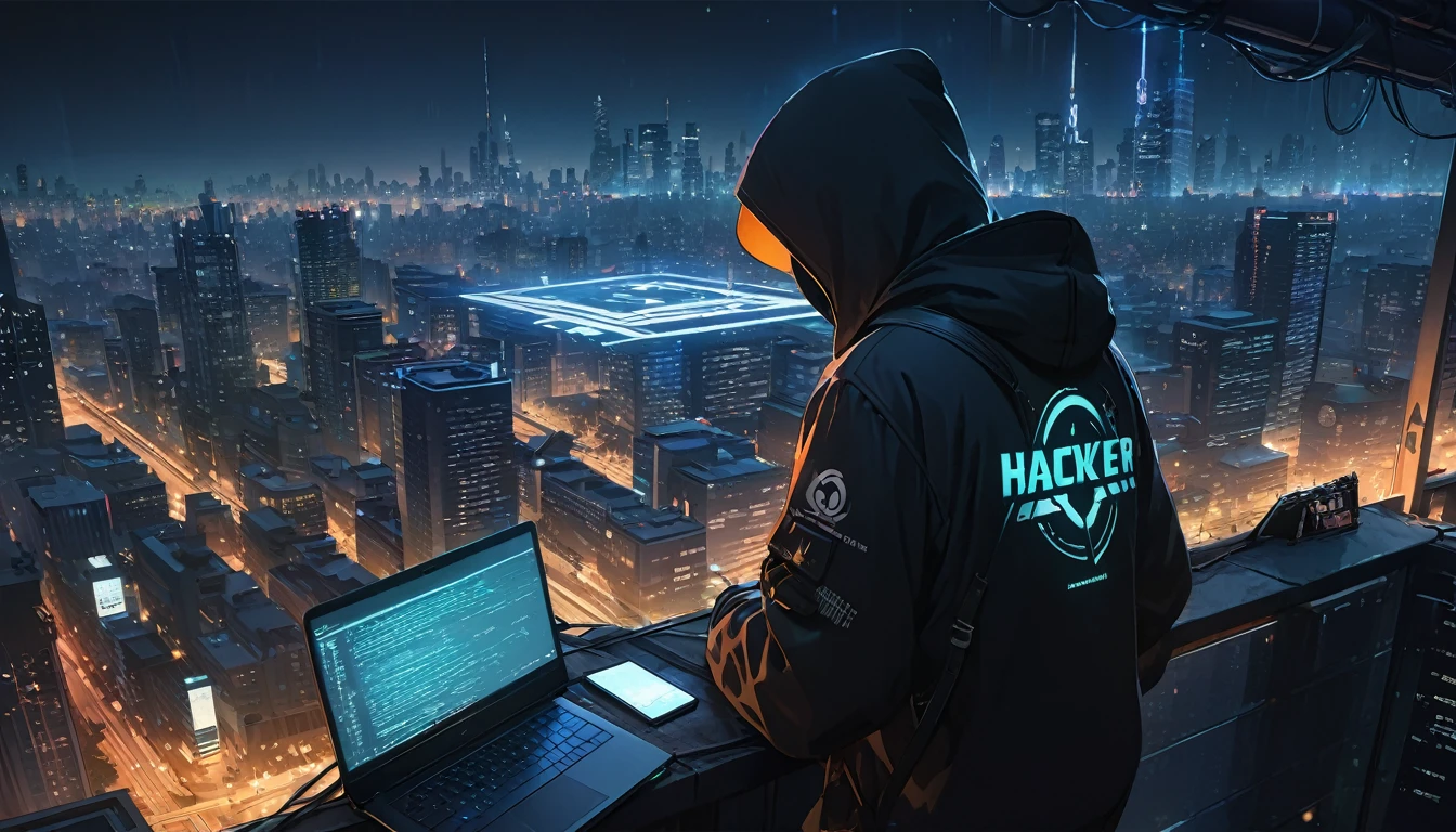 ((L)), ((Logo)), Wallpaper, Tech, ((Hacker)), ((Coding)), Rooftop, City, Night, HD, High Resolution, Masterpiece, 4K