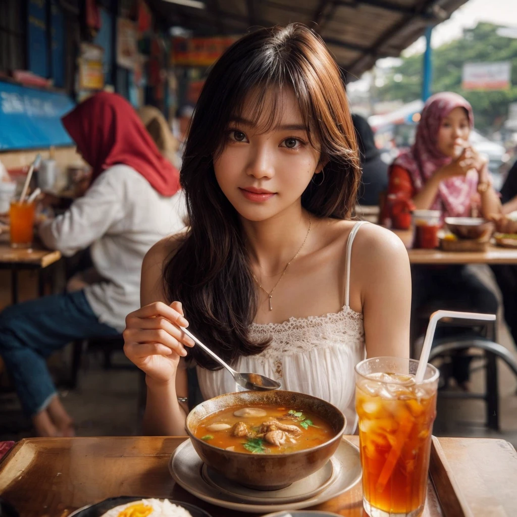 A beautiful young Indonesian girl, sitting and eating at a food stall in Surabaya city, Indonesia. On the table, there is already food: chicken soto, a plate of rice, and iced tea. She is wearing a white dress, realistic, UHD, 8K