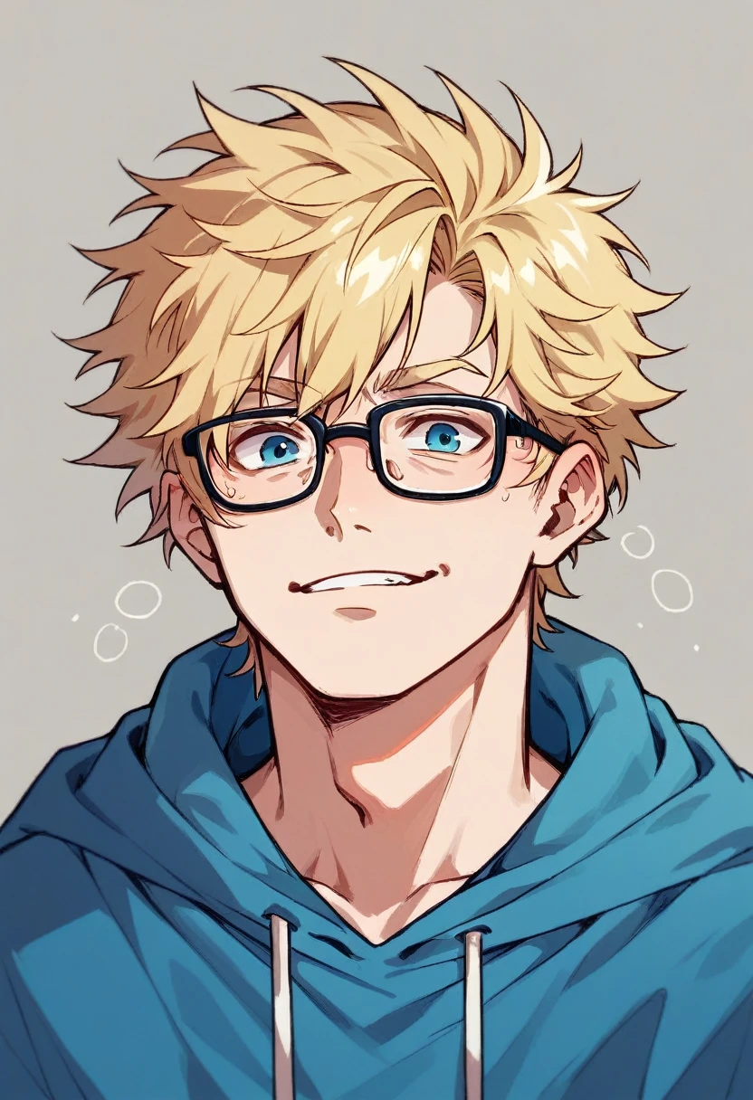 Human Male Adolescent  ,Blonde Messy hair , blue hoodie, wearing Glasses 