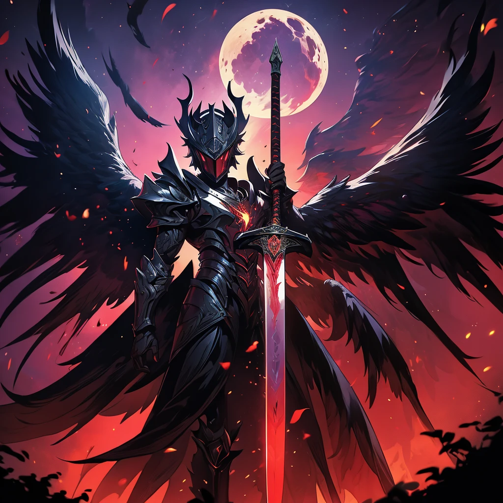 argus, red wings with black, fire wings, black armor with red edges, sword mitica, scene in crimson forest, escenario luna de blood, fire in the face, aurora of fire, purple background, fire in the wings, blood, luna de blood, blood en las alas, ultra hd, high quality, maximum quality, Fallen Angel, argus, full body, red armor, black background, escenario luna de blood, black wings, black edges, absurd resolution, High resolution, (masterpiece), alas de blood, fire wings, Fire ring, dark dawn, red aura, sword, sword maestra, mythic sword, carmesi moon background, purple background, 2 men, (((masterpiece))), 2 remedies