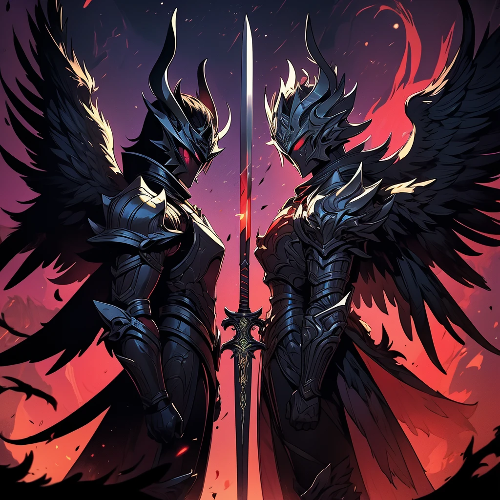 argus, red wings with black, fire wings, black armor with red edges, sword mitica, scene in crimson forest, escenario luna de blood, fire in the face, aurora of fire, purple background, fire in the wings, blood, luna de blood, blood en las alas, ultra hd, high quality, maximum quality, Fallen Angel, argus, full body, red armor, black background, escenario luna de blood, black wings, black edges, absurd resolution, High resolution, (masterpiece), alas de blood, fire wings, Fire ring, dark dawn, red aura, sword, sword maestra, mythic sword, carmesi moon background, purple background, 2 men, (((masterpiece))), 2 remedies