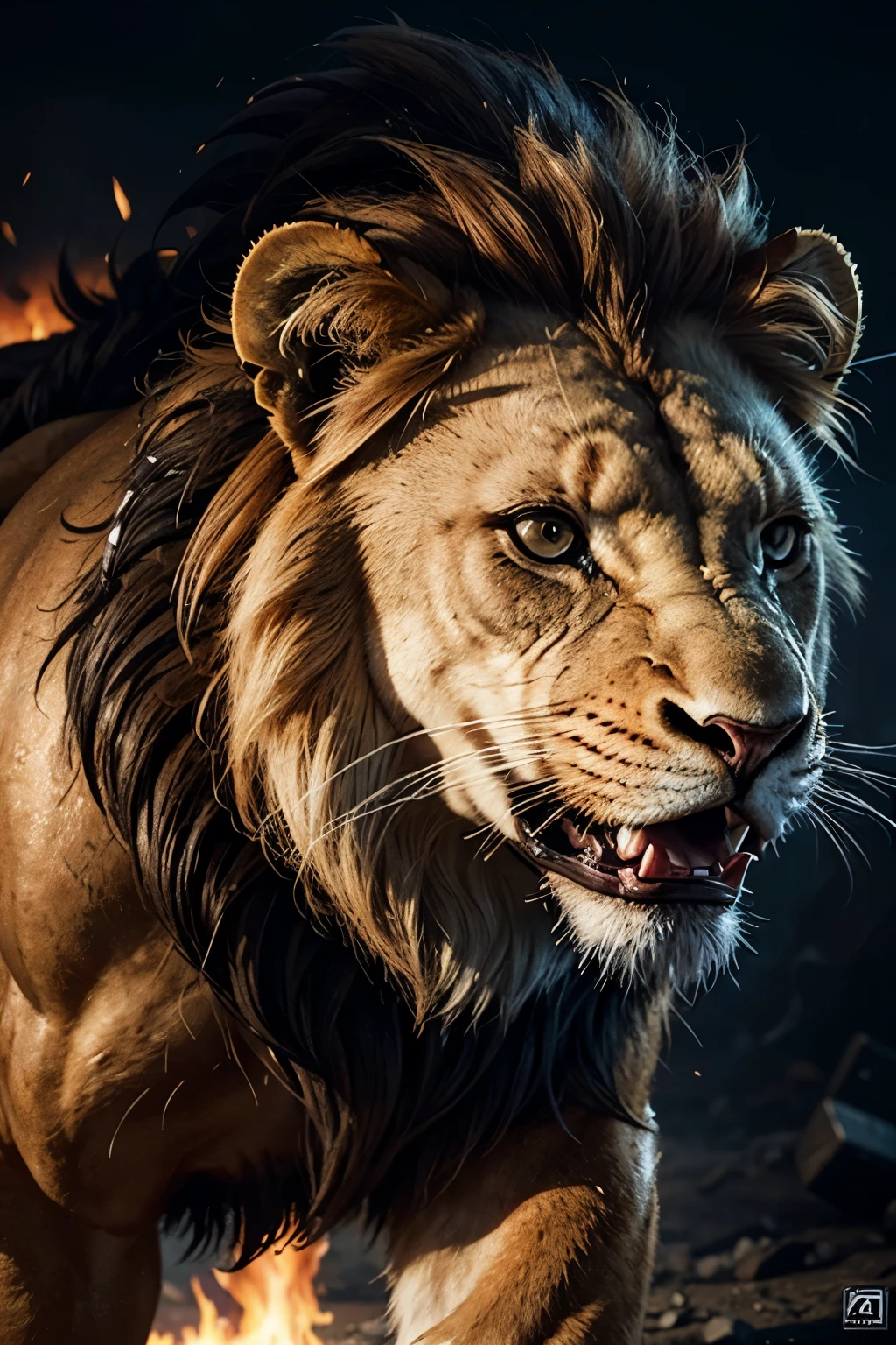 a ferocious fire lion,detailed lion head,dramatic lighting,realistic fur,fiery mane,glowing eyes,powerful muscles,3d render,realistic texture,high definition,cinematic lighting,digital art,concept art,hyper detailed,vibrant colors,dynamic composition,photorealistic,8k,masterpiece