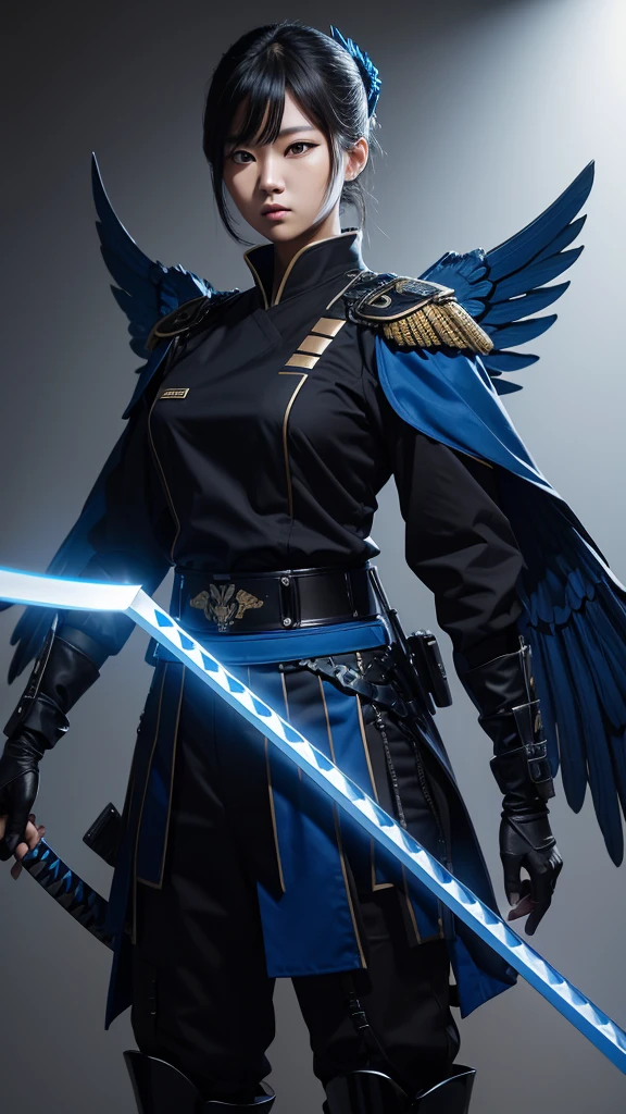 Imperial military with blue and black uniform, two led katanas and blue wings