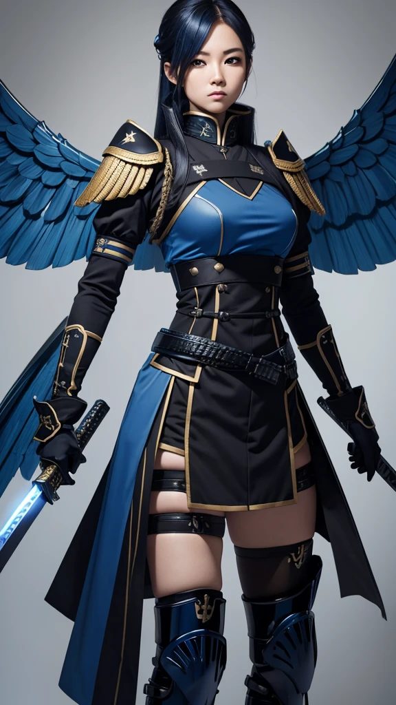 Imperial military with blue and black uniform, two led katanas and blue wings