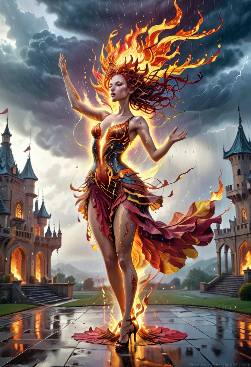 a sorceress of fire making fire dance in a the (storm of rain: 1.3), a most exquisite beautiful sorceress, controlling fire manipulating fire, a woman, dynamic hair color, dynamic hair style, (most beautiful face: 1.3), (ultra detailed face: 1.2), wet hair, wet face, dynamic eyes color, full body shot, wearing dress made of fire, wearing intricate high heels, light make up, dancing in courtyard of a fantasy castle background, ((heavy rain drops: 1.1)), clouds in the sky, (anatomically correct: 1.4), (full body shot: 1.1) , vibrant, Ultra-high resolution, High Contrast, (masterpiece:1.5), highest quality, Best aesthetics), best details, best quality, highres, ultra wide angle, 16k, [ultra detailed], masterpiece, best quality, (extremely detailed), firecd_xl, phoenix dress, fireMagicAI